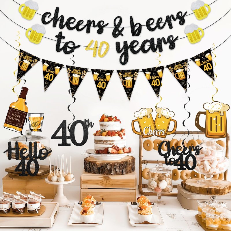 Black Gold 40th Birthday Decorations for Him Men, Glitter Pre-Strung Cheers to 40 Years Banner Hello 40 Hanging Swirls Paper Triangle Flag Banner Decorations Bday Party Supplies Kit