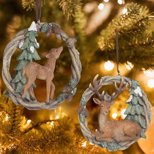 Braxio Christmas Tree Ornaments - Set of 2 Resin Woodland Deer in Wreath | Brown & Sage Green