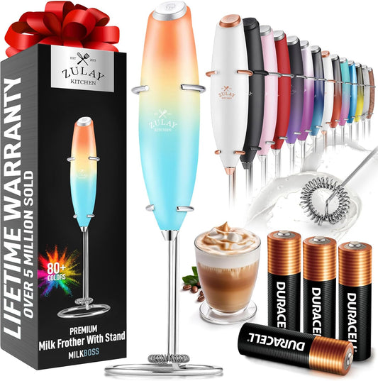 Zulay Kitchen Milk Frother Wand - Ultra Fast Handheld Electric Whisk for Coffee & Lattes - Includes 4 AA Batteries - Sunrise