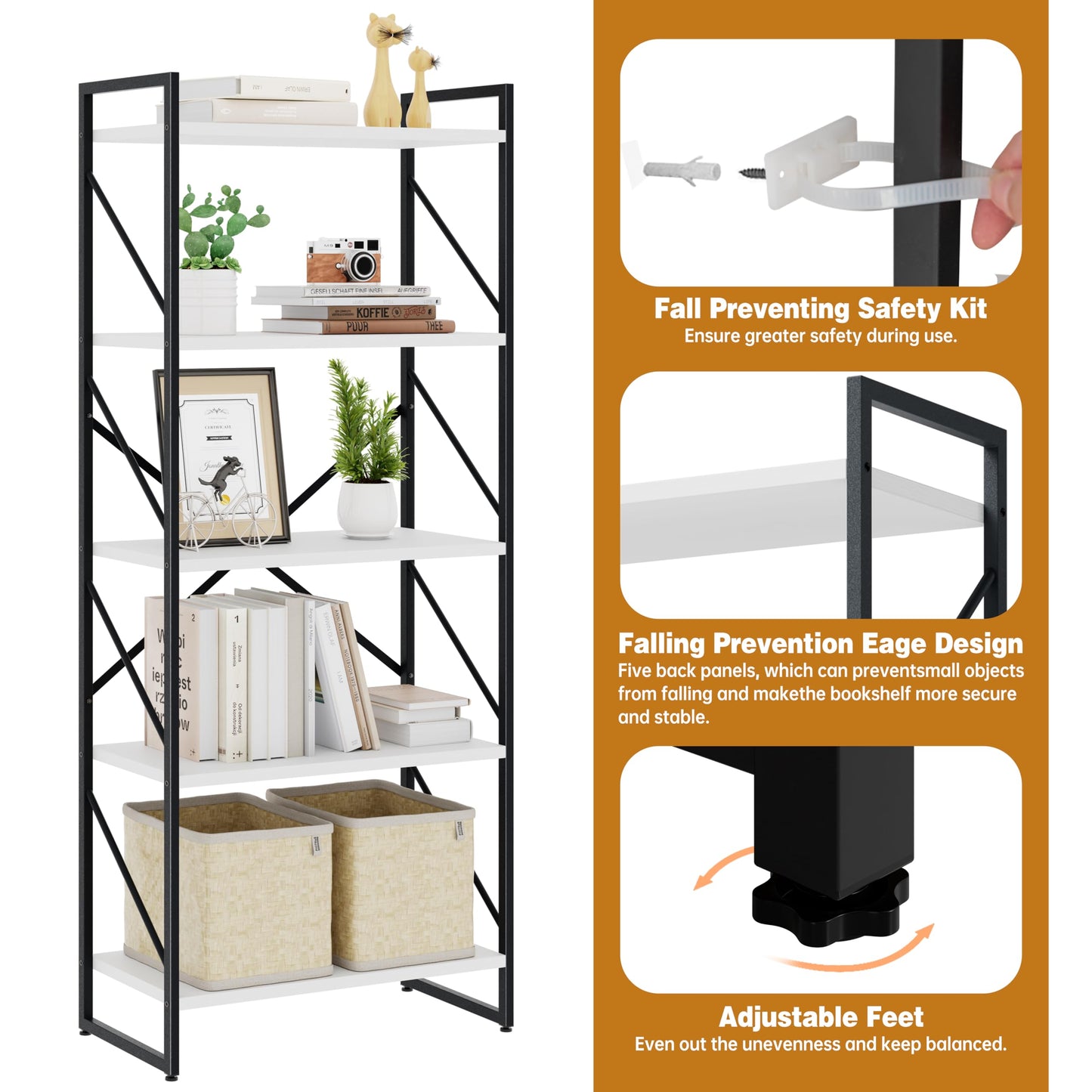 Bookshelf, 5 Tier Bookshelves, Home Office Bookcase Shelf Storage Organizer, Free Standing Storage Shelving Unit for Bedroom, Living Room and Home Office,White