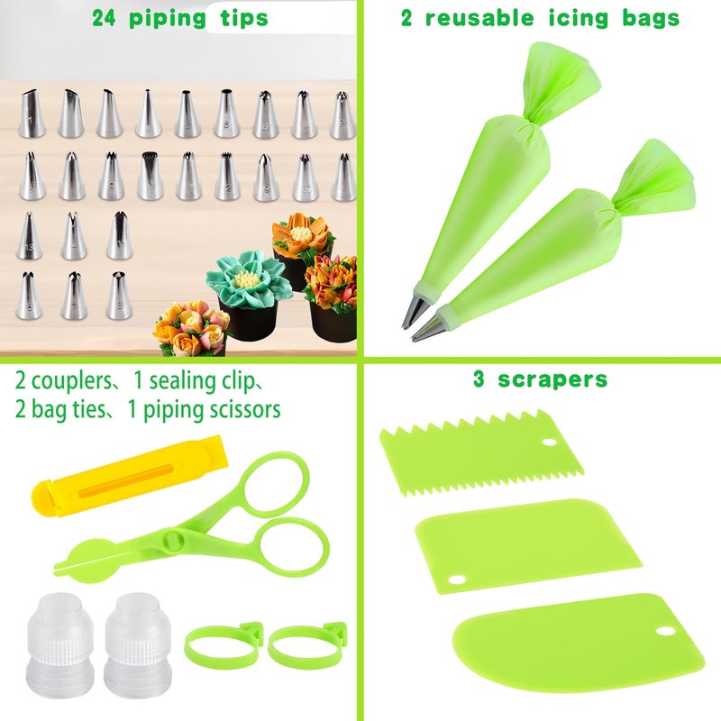 BooMetCheer 35Pcs Piping Bags and Tips Set with 24 Piping Tips,2 Reusable Pastry Bags 12 Inch,Cake Decorating Tips Set for Diy Pastry Dough, Cookie, Cupcake, Cake