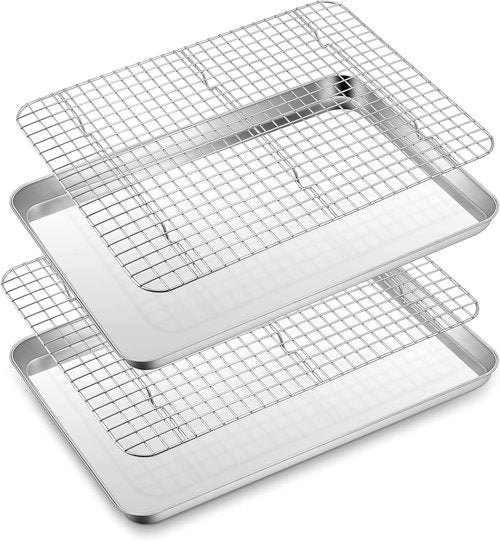 E-far Half Sheet Baking Pan Set - 18”x13” Stainless Steel Cookie Sheet with Wire Cooling Rack - Dishwasher Safe