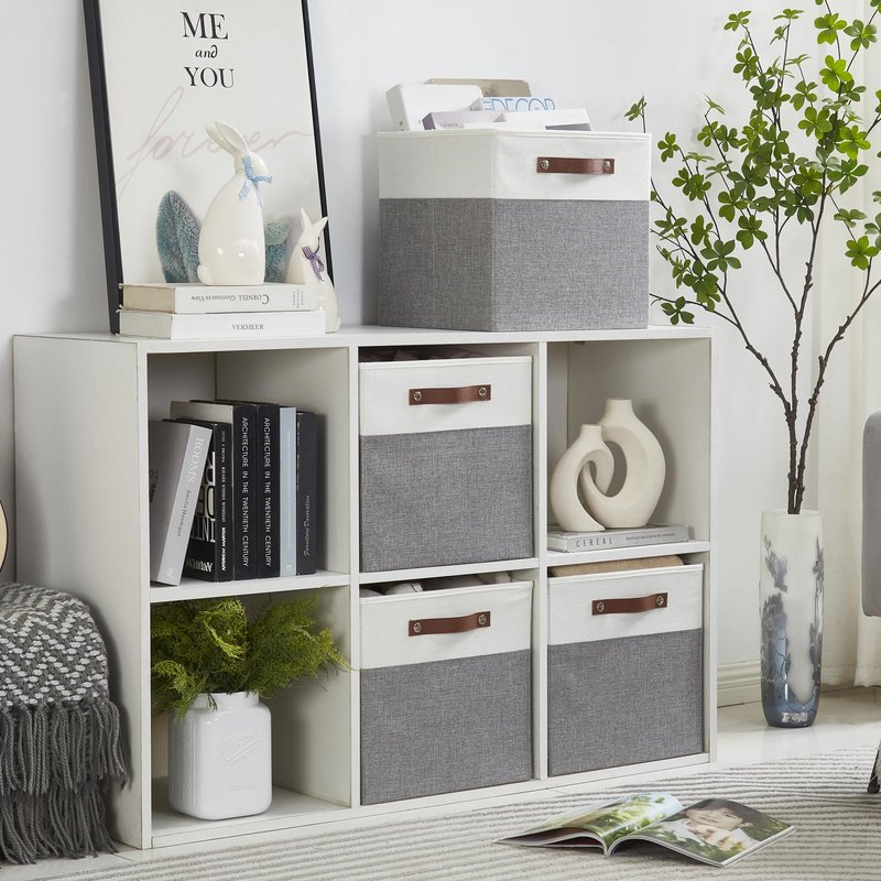 Bagnizer Collapsible Fabric Storage Cube Bins with 2 Reinforced PU Handles, Foldable Storage Organizer Baskets for Closet, Shelves, Living Room | 13"x13"x13", 4 Pack, Gray & White