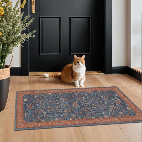Hazo Haus Washable 2x4 Entry Rug - Non-Slip Rubber Backed for Indoor Use | Perfect for Farmhouse & Boho Décor (Navy Blue)