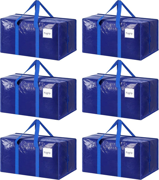 Skiennix Extra Heavy Duty Moving Bags - Large Storage Totes with Strong Zipper & Comfortable Handles | 6 Pack, Blue