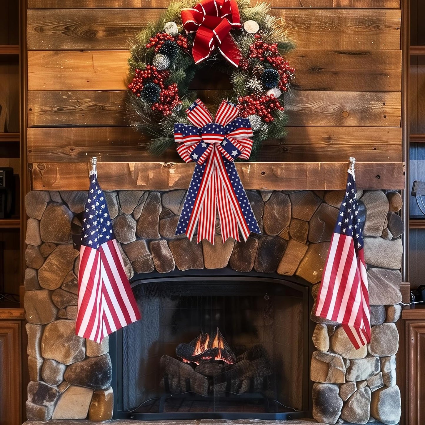 Skiennix Large 4th of July Bows - Pre-Tied Patriotic Wired Ribbon Bows, 20x11 Inch, 2 Pack (Red)