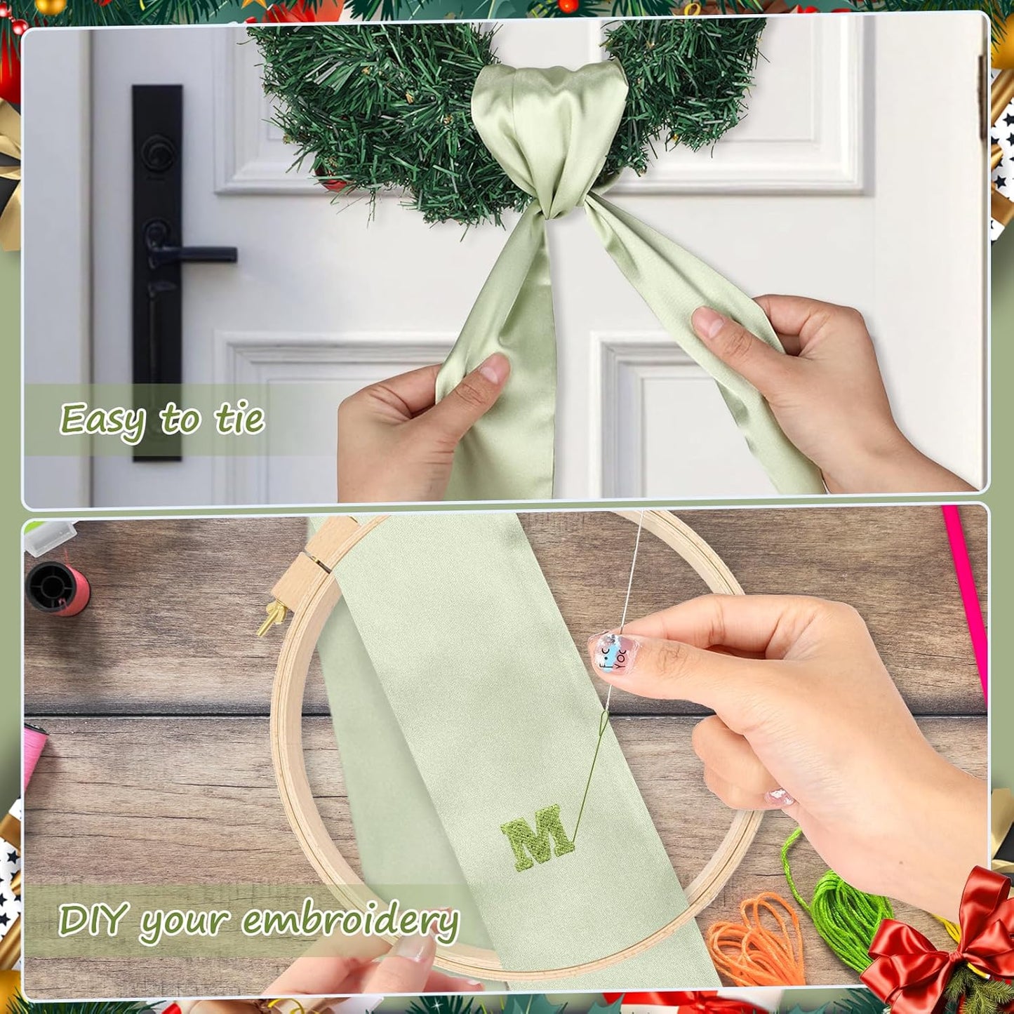 Skiennix Sage Green Wreath Sash - Blank Satin Monogram Sash for Front Door Decor | 2 Pcs Set