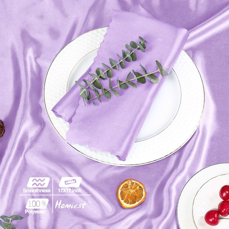 Homiest 12 Pack Light Purple Satin Dinner Napkins - 17x17 Inches, Scalloped, Silky Elegant Wedding & Party Napkins
