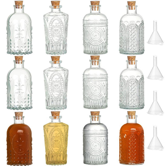 TBWIND Small Glass Bottles with Cork, 12 Pack 6oz/ 200ml Clear Glass Bottles, Assorted Vintage Embossed Designs – 4 Patterns, Mini Bottles for Wedding Favors, Vanilla Extract, Oil & Vinegar