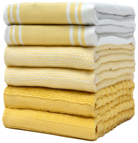 Premium Kitchen Towels (20”x 28”, 6 Pack) | Large Cotton Dish Towels | Flat & Terry Highly Absorbent Kitchen Linen Set with Hanging Loop | Wide Stripe Yellow