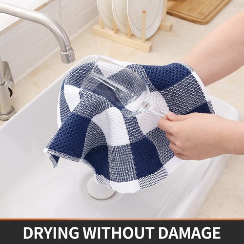 Homaxy 100% Cotton Waffle Weave Check Plaid Dish Cloths, 12 x 12 Inches, Super Soft and Absorbent Dish Towels Quick Drying Dish Rags, 6-Pack, White & Navy Blue