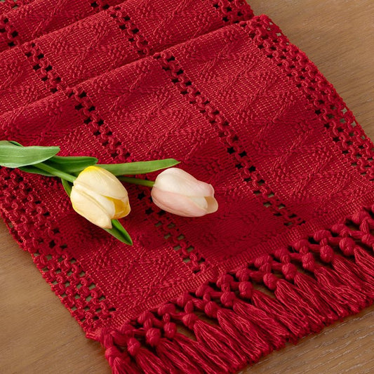 Socomi Boho Table Runner Summer Farmhouse Rustic Dining Kitchen Centerpiece Decor Small Macrame Woven Cotton Linen Coffee Table Runner for Dresser Scarf Home Decor 12x48 in Red
