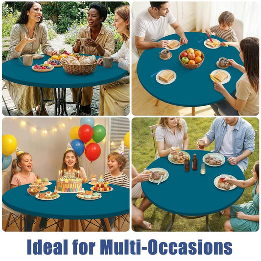 Moosfor Round Spandex Tablecloth, Elastic Fitted Waterproof Tablecloths for 45"-56" Tables, Stretch Washable Picnic Table Cover for Camping, Dining, Indoor and Outdoor,Peacock Blue
