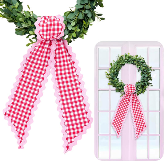 Whaline Wreath Sash Set - White & Red Plaid Garland Ribbons for Holiday & Wedding Decor | 2 Pieces