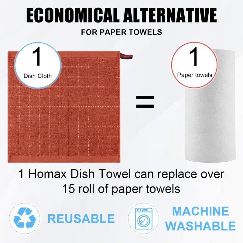 Homaxy 100% Cotton Terry Kitchen Dish Cloths, Ultra Soft and Absorbent Dish Towels for Kitchen, Suitable for Drying and Washing Dishes, 12 Pack, 12 x 12 Inches, Rust