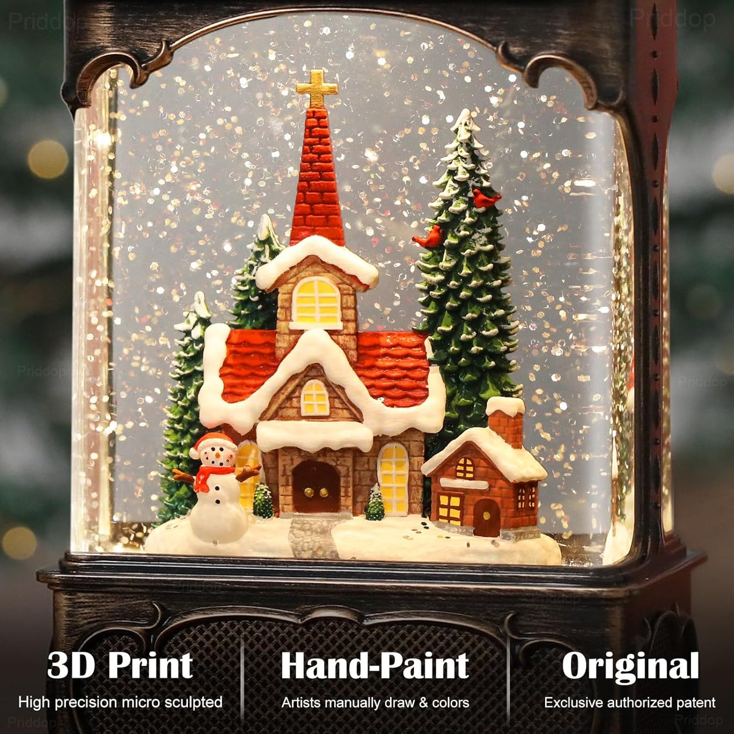 Priddop Church Snow Globe | Christmas Decorations with Snowman, Cabin & Cardinal - 10.2 Inch USB/Battery Timer