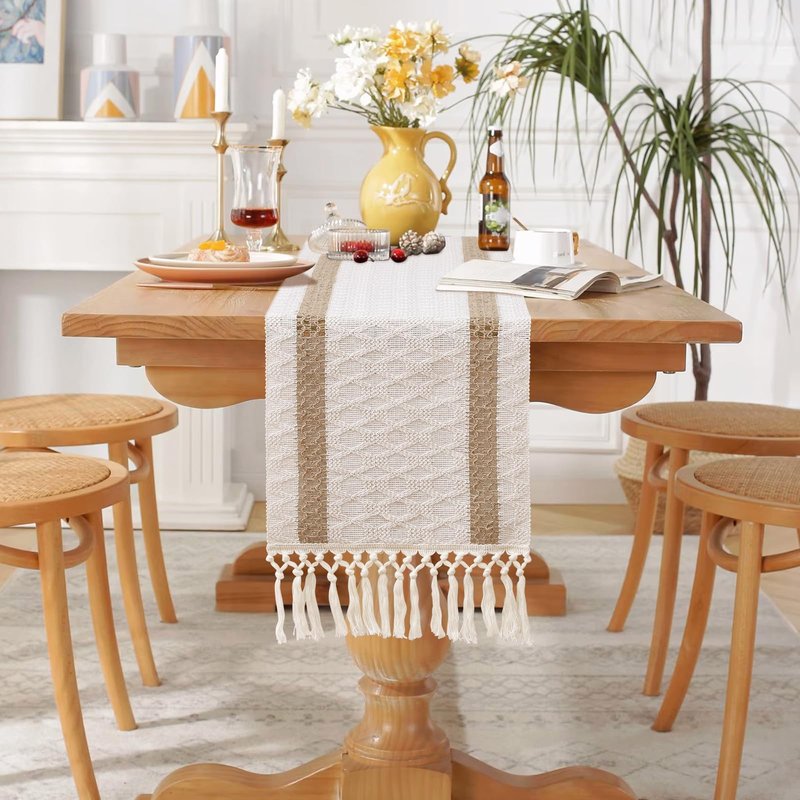 OTOSTAR Boho Table Runner with Tassels 48 Inches Long Farmhouse Rustic Table Runner Macrame Burlap Table Decoration for Home Decor Living Room Bridal Shower, Double Striped (12x48 Inches)
