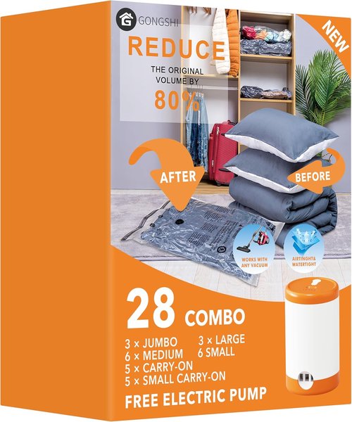 GONGSHI Vacuum Seal Bags - Space-Saving Storage for Clothing & Travel | 28 Combo with Electric Pump
