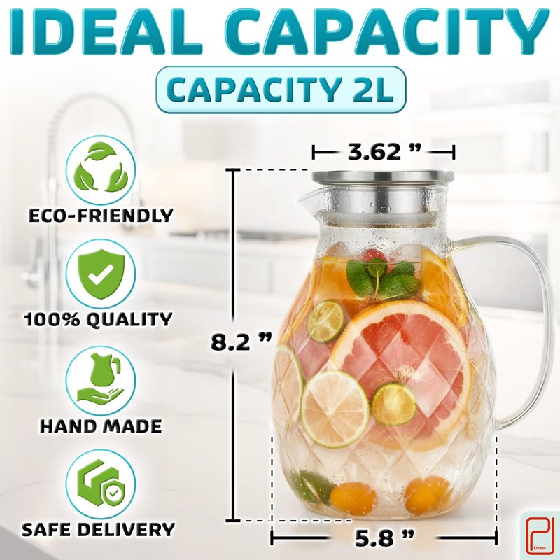 Premium Borosilicate Glass Pitcher with Lid and Spout - 2 Liter / 68 oz, Borosilicate Glass with Handle - Carafe for Hot/Cold Beverages - Water Jug - Iced Tea Pitcher - Juice Server