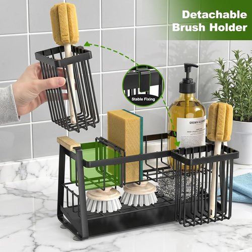 Housolution Kitchen Sink Caddy Organizer - 2-Tier Sponge Holder with Flexible Brush Storage | Rustproof Design