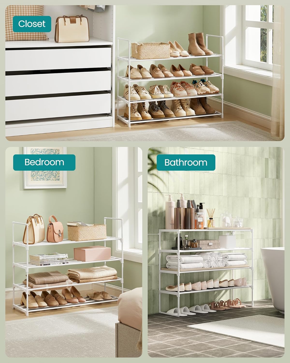 SONGMICS 4-Tier Shoe Rack - Stackable Metal Organizer for 20-25 Pairs | Pearl White, 11.8 x 36.2 x 29.1 Inches