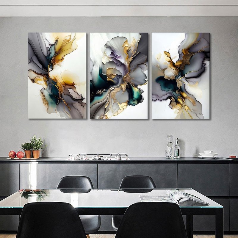 3pcs Black And Gold Abstract Canvas Wall Art Modern Texture Grey And Gold Marble Fluid Wall Decor Posters Prints Pictures for Living Room Bedroom Office Home Decoration Ready To Hang