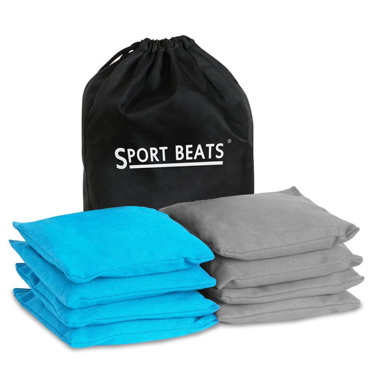 SPORT BEATS Cornhole Bags Set of 8 - Regulation Size & Weight Bean Bags, Heavy Duty Double-Stitched Canvas for Tailgating, Outdoor Backyard Game Accessories with Carry Tote Light Blue & Gray