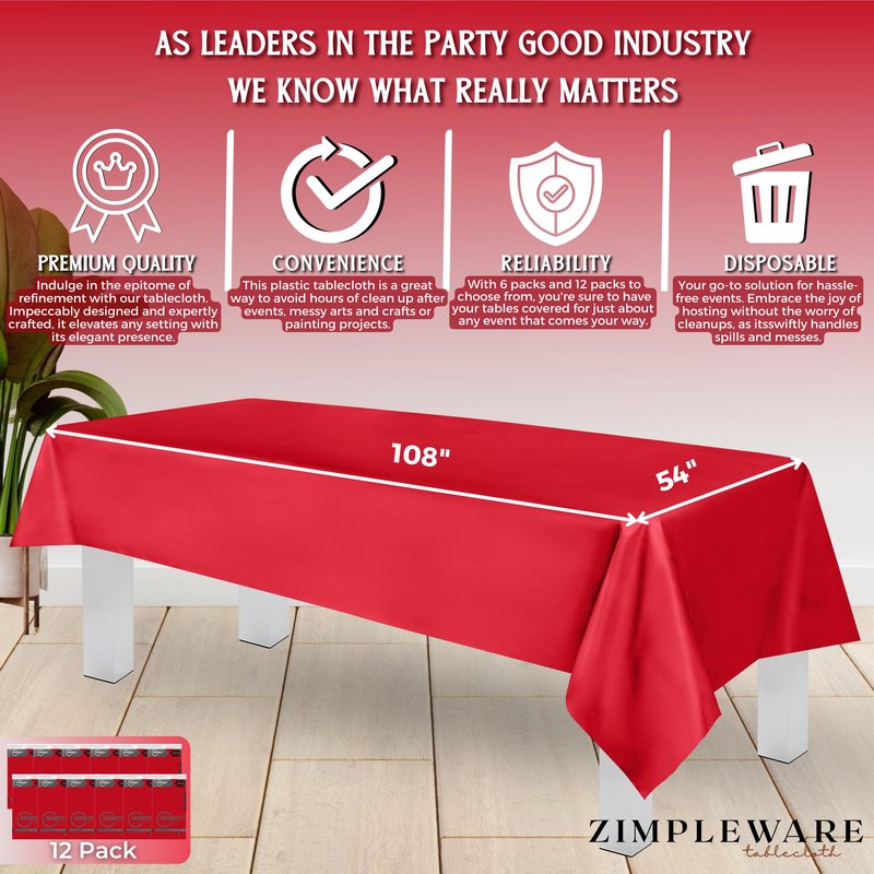 ZIMPLEWARE Premium Red Plastic Table Cloth Disposable (12 Pk) Plastic Tablecloths for Rectangle Tables (54in x 108in) Party Table Cloths Disposable for 6ft to 8ft Rectangle Tables
