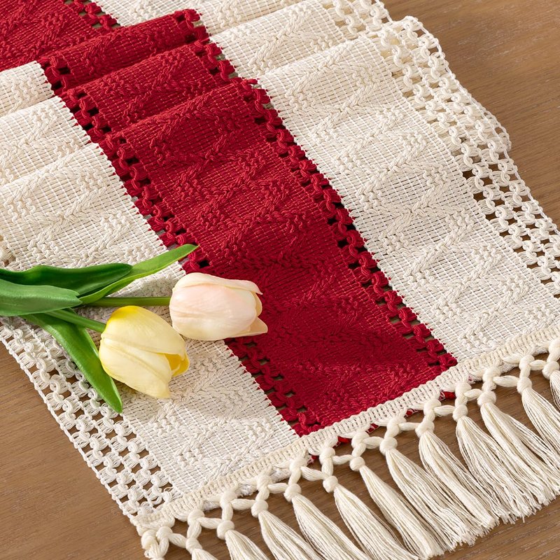 Socomi Boho Table Runner Easter Spring Farmhouse Rustic Dining Kitchen Centerpiece Decor Small Macrame Woven Cotton Linen Coffee Table Runner for Dresser Scarf Home Decor 12x60 in Red Ivory
