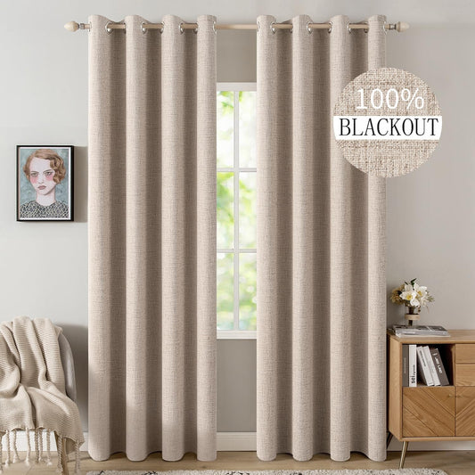 MIULEE 90-Inch Linen Textured Blackout Curtains - Thermal Insulated Natural Beige Drapes | 52 x 90 Inch (2 Panels)