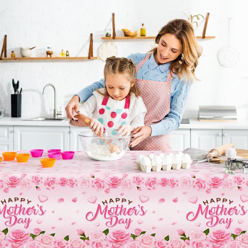 QZYL 3 Pack Mothers Day Table Cloths, 108" x 54" Mother's Day Decorations, Plastic Pink Disposable Table Decor with Roses Floral Flowers, Waterproof Rectangular Tablecloth for Best Mom Party Supplies