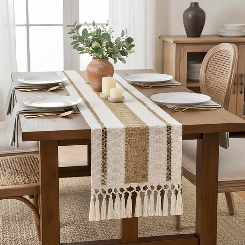 FEXIA Boho Table Runner for Hoilday Spring Home Decor with Tassels 60 Inches Long Pottery barn Furniture Farmhouse Rustic Macrame Burlap Table Decoration for Living Room (12x60 Inches)