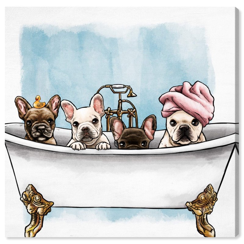 Oliver Gal Animals Modern Canvas Wall Art Frenchies In The Tub Ready to Hang Home Decor 12.0 x 12.0 White and Blue Canvas Art for Bath