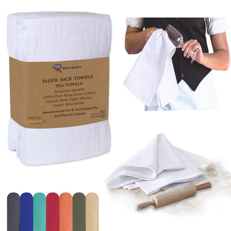 RUVANTI Flour Sack Towels 12 Pack 28 x 28 Inches, Ring Spun 100% Cotton Dish Towel, Machine Washable, Absorbent - Flour Sack Kitchen Towels for Drying and Cleaning - White