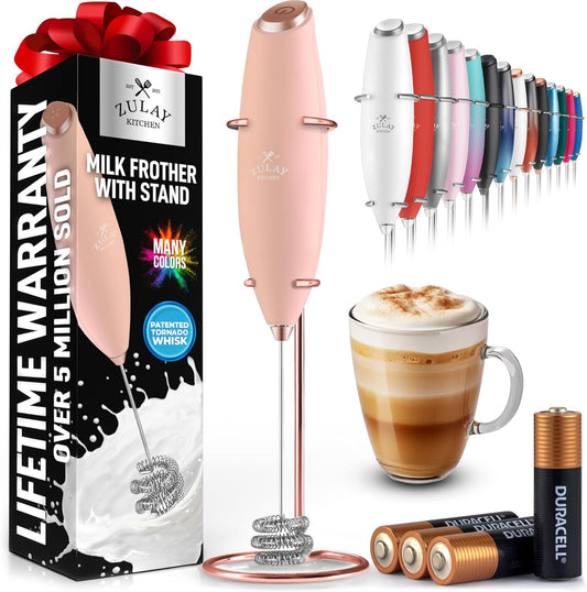 Zulay Kitchen Tornado Triple Whisk Milk Frother - Handheld Foam Maker for Coffee & Lattes | Includes 4 Duracell Batteries - Rose Peach