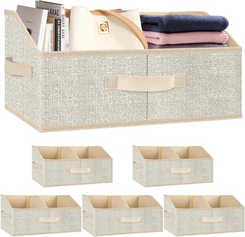 Closet Storage Bins - Large Organizer Baskets with Divider & Handles | 6 Pack Trapezoid Fabric Cubes - Beige