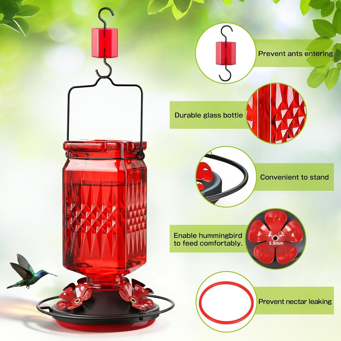Skiennix 20oz Glass Hummingbird Feeder - Outdoor Hanging Design with Bee Guard & Ant Moat | Red (2 Pack)
