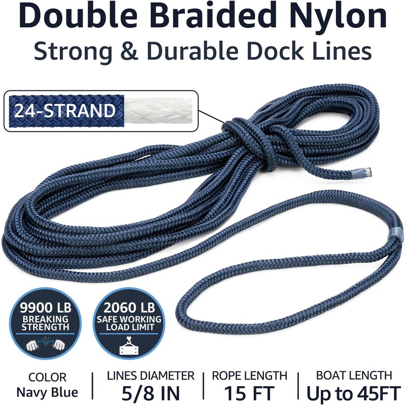 PACTHSD Double Braid 5/8" x 15' Boat Dock Lines (2-Pack) – Nylon Boat Ropes for Docking with 15" Spliced Eye – Heavy Duty Marine Rope – Soft & Durable Boat Lines for Pontoon and Light Boat (Navy Blue)