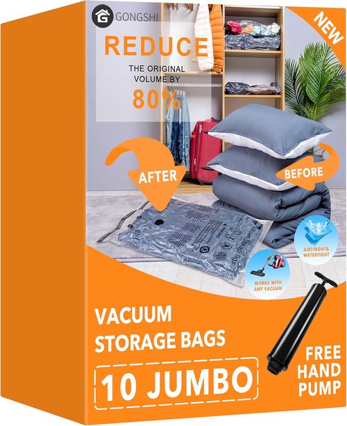 GONGSHI Vacuum Storage Bags - Jumbo Space Saver Seal Bags for Clothing & Travel | 10 Pack