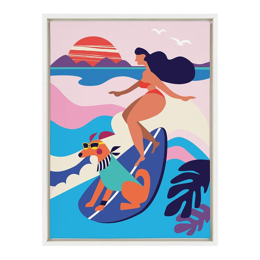 Kate and Laurel Sylvie Mid Century Modern Surf Dog Framed Canvas Wall Art by Rachel Lee of My Dream Wall, 18x24 White, Tropical Surfing Art for Wall