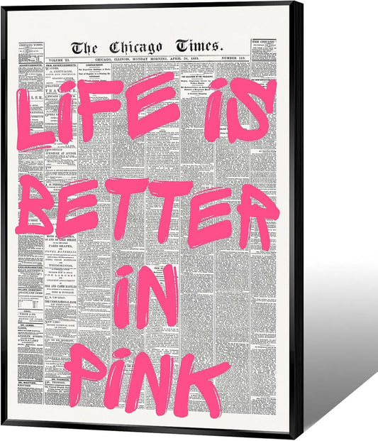 Skiennix Pink Wall Art - Retro Newspaper Canvas Poster with Positive Quote | 16x24in Minimalist Decor