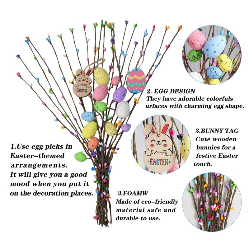 KENJOVIVO Artificial Easter Spray Vine with Pastel Easter Eggs and Berries, Wooden Eggs, Wood Rabbit & Happy Easter Ribbon, Easter Egg Twig Branches for Spring Floral Stems Home Decoration
