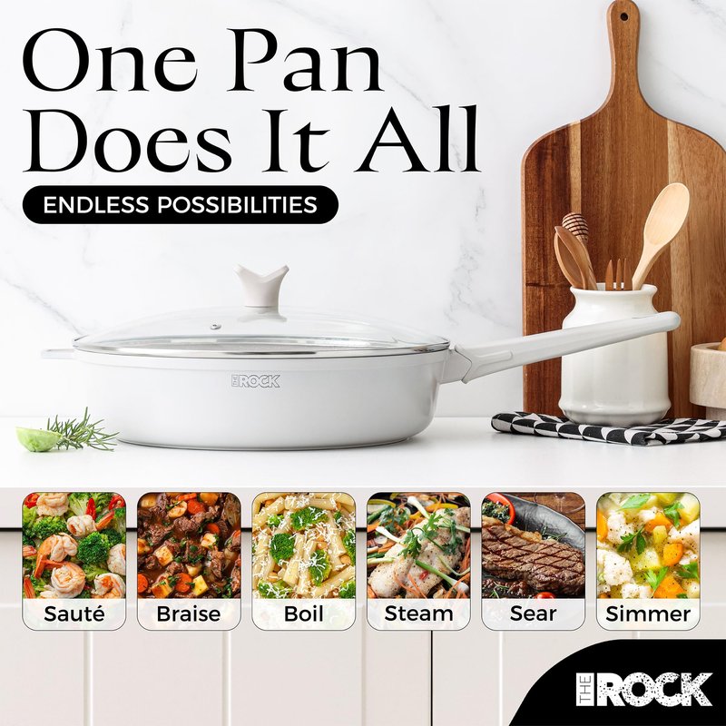 THE ROCK SOHO 4 Qt Nonstick Deep Frying Pan Skillet with Glass Lid, 11 Inch Large Deep Frying Pan, Ceramic Non Toxic Skillet with Heat-Resistant Handle, PFOA & PFAS Free, Oven & Dishwasher Safe, Cream