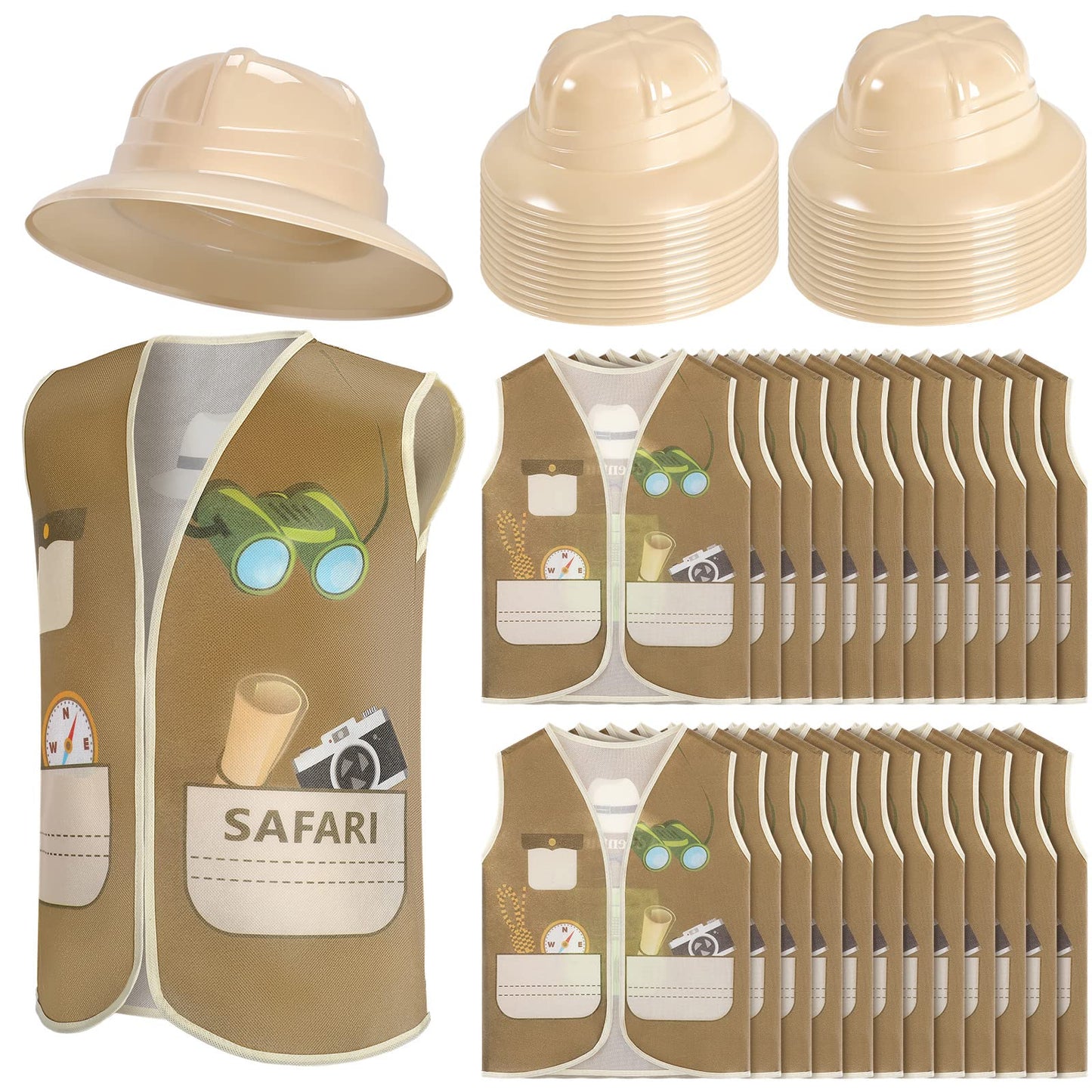 Geyoga 48 Pcs Explorer Costume Kids 24 Safari Vest and 24 Safari Hats Explorer Outfit for Kids Jungle Party Favors Outdoor Activity Halloween Birthday Gifts
