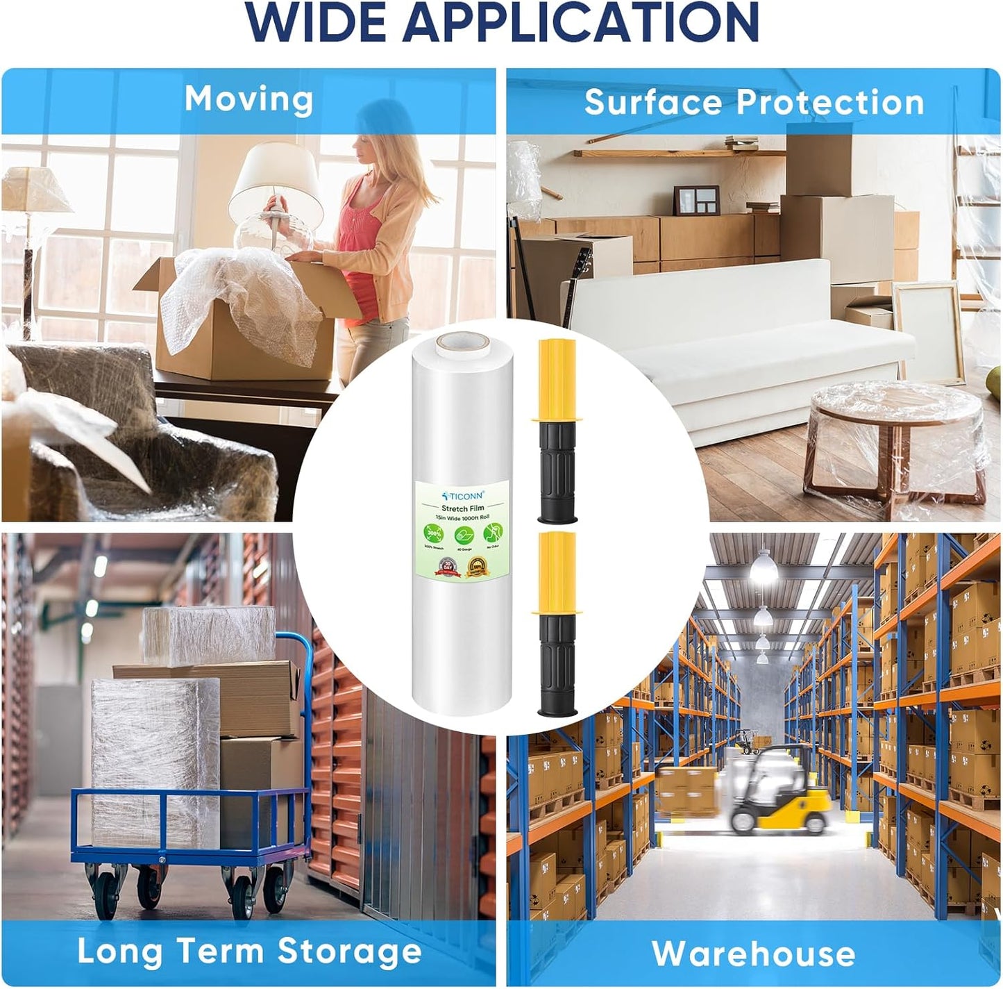 TICONN Stretch Wrap Film Roll - 1000ft Industrial Strength 15" Wide Clear Plastic Wrap with Handles for Shipping & Moving