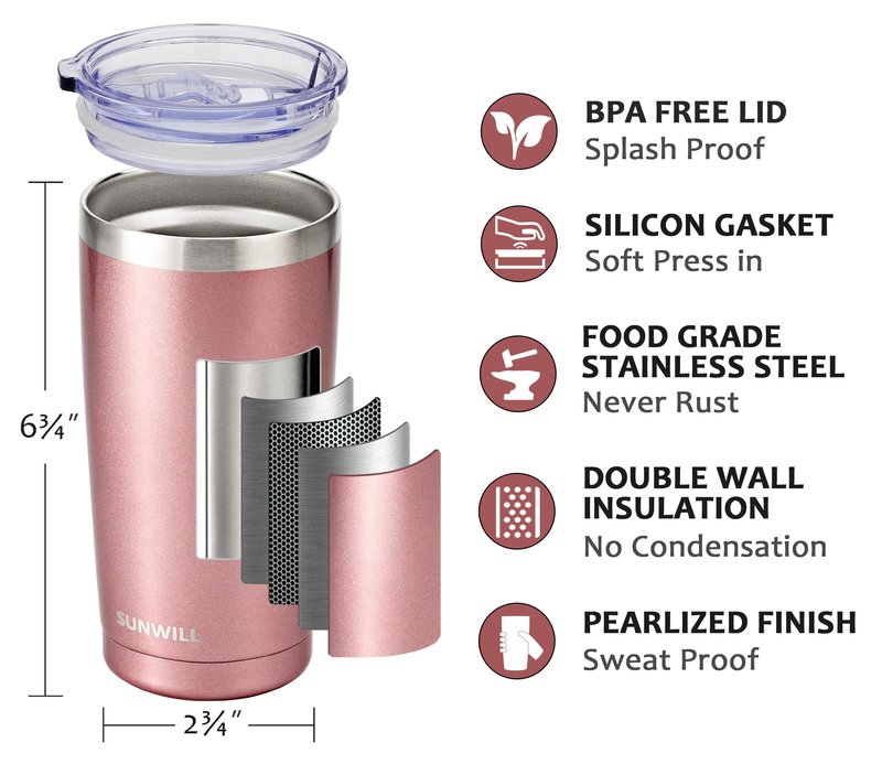 SUNWILL Travel Coffee Tumbler 20 oz, Insulated Mug with Lid, Stainless Steel Cup for Hot and Cold Drinks, Rose Gold