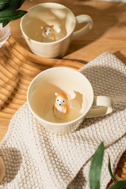 DIHOclub Bear Ceramic Cup Hidden 3D Animal Inside Mug,Cute Cartoon Handmade Figurine Mugs,Holiday and Birthday Gift for Coffee Milk Tea Lovers,12 OZ(Cream Color)