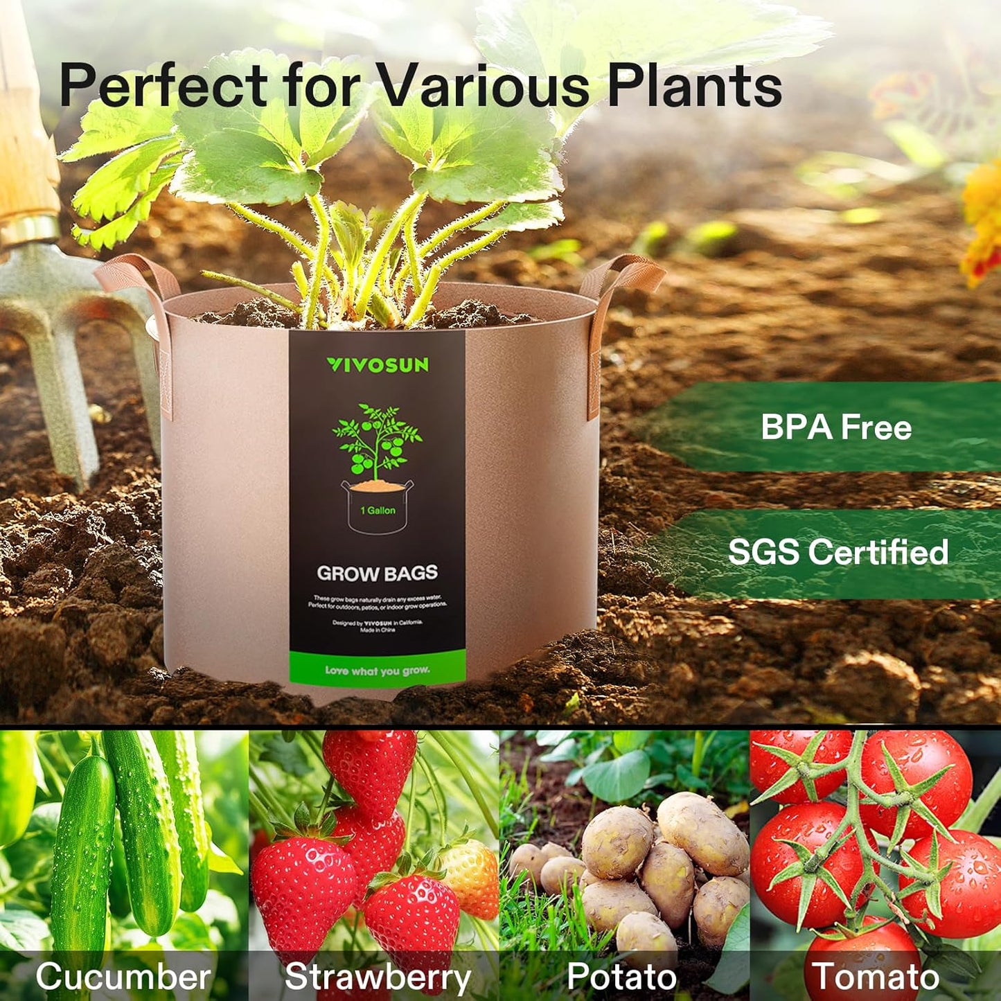 VIVOSUN 1 Gallon Heavy Duty Grow Bags - 5-Pack Nonwoven Fabric Pots with Strap Handles | Tan