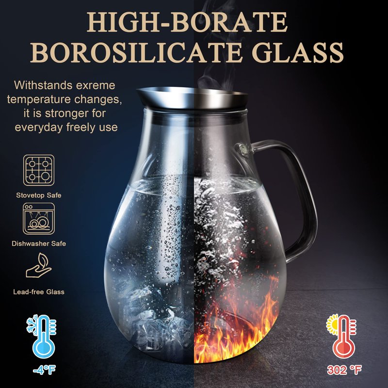 SUSTEAS 2 Liter Glass Pitcher, Water Pitcher with Removable Lid And Wide Handle, Easy Clean Juice Jug for Fridge, Beverage Carafe for Cold/Hot Water, Iced Tea, 1 Long-Handled Brush Included