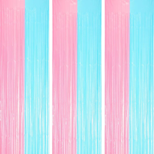Voircoloria 3 Pack 3.3 x 8.2 ft Pastel Blue and Pink Foil Fringe Backdrop Curtains, Tinsel Streamers Party Decorations, Fringe Backdrop for Grender Reveal, Baby Shower, Birthday Party